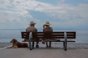 pareja de ancianos sentados en un banco mirando al mar