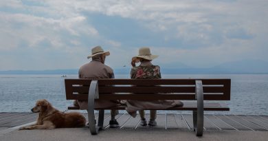 pareja de ancianos sentados en un banco mirando al mar