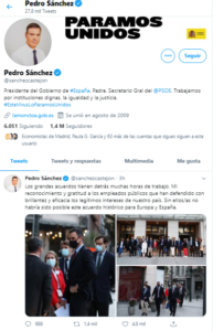 Pedro Sánchez Twtter anunciando acuerdo del fondo monetario europeo para recuperación de la nación